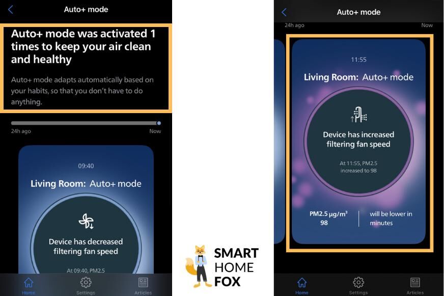 Обзор функций искусственного интеллекта Philips Air Performer 7000 отображается в приложении Philips Air+, а частота использования документируется. 